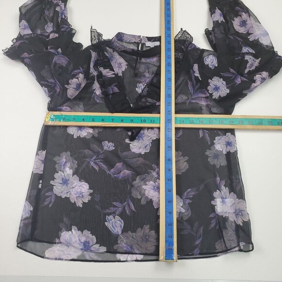 TOBI Womens Sheer Floral Ruffle Blouse Sz L Black Purple Long Sleeve Bohemian - Picture 11 of 12